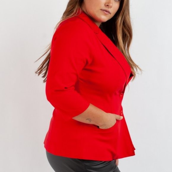 3/4 Sleeve Millennium Plus Size Blazer, Solid Red - Picture 2 of 5